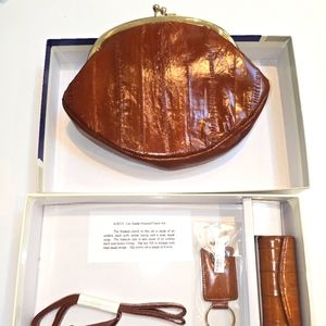 New Set of Purse Clutch, Key Chain, Lipstick Case Light Brow Real Leather